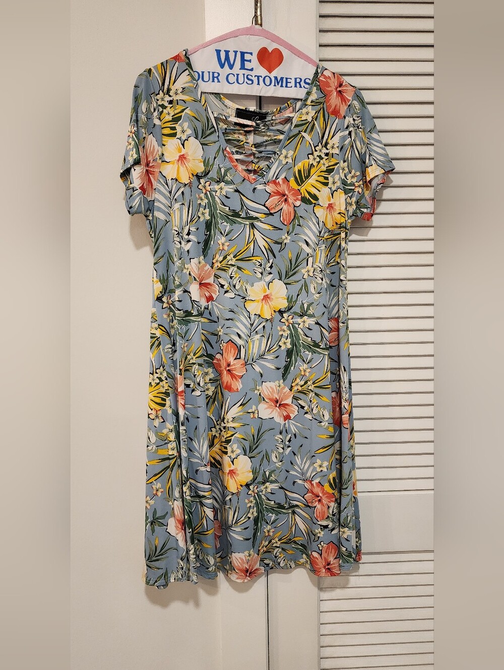 Floral Lace-Up V-Neck Midi Dress in Light Blue